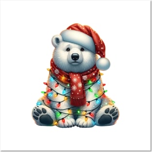 Polar Bear Wrapped In Christmas Lights Posters and Art